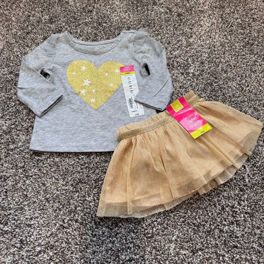 SOLD! Grey Heart Top & Gold Tulle Skirt Set - Glitter Heart - Picture 1 of 4